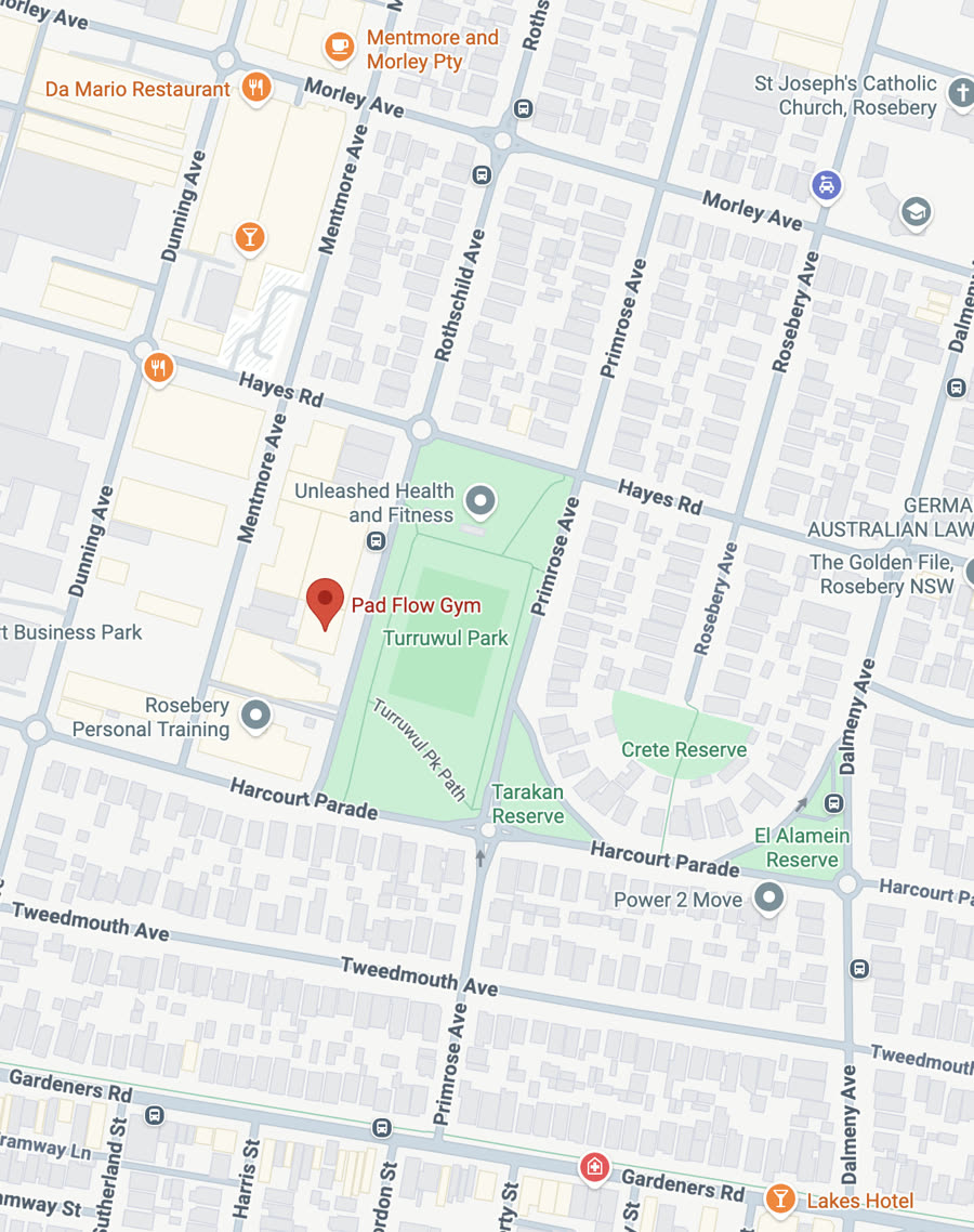 Map showing Pad Flow Gym near Turruwul Park in Rosebery